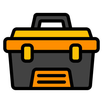 Yellow orange gray plastic toolbox with handle and latches ideal for industrial hardware storage and transporting equipment on job sites.