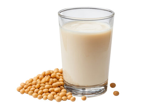 Glass of creamy soy milk with pile of soybeans and scattered beans image, Isolated, Png Transparent Background