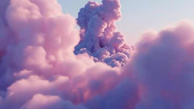 Vibrant pink and purple clouds float gently across a serene blue sky at sunrise or sunset