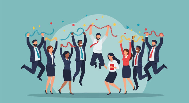 Diverse group of business professionals in suits jumping for joy and celebrating success while holding colorful garlands and tinsel against a teal background vector illustration.