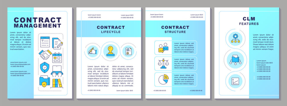 Contract management brochure layout. Corporate document workflow. Agreement creation framework. Enterprise compliance architecture. Leaflet advertising design with color line icons. Editable 4 pages