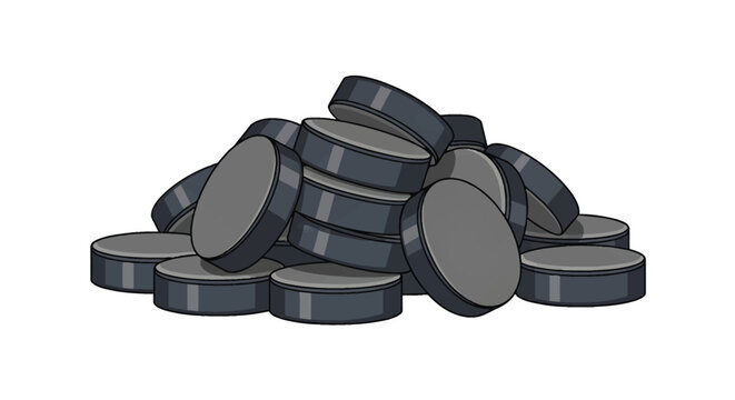 Vector illustration of a large pile of black rubber ice hockey pucks stacked and scattered, isolated on a white background, featuring clean line art and stylized shading for sports design.