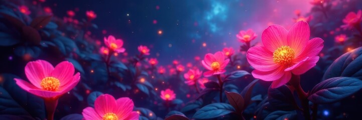 Fototapeta premium Glowing flora, neon hues shift with unseen energy , electric light, mystical