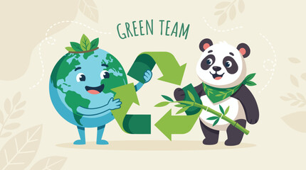 Naklejka premium Friendly Earth character and a cute panda illustrating eco-friendly teamwork and global recycling efforts for a sustainable future