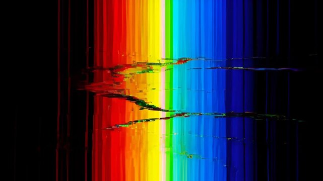 Glitch digital effect colourful horizontal rainbow abstract light streak with vivid prism pattern on black background, bright rainbow stripe and abstract glow, SEO friendly search title