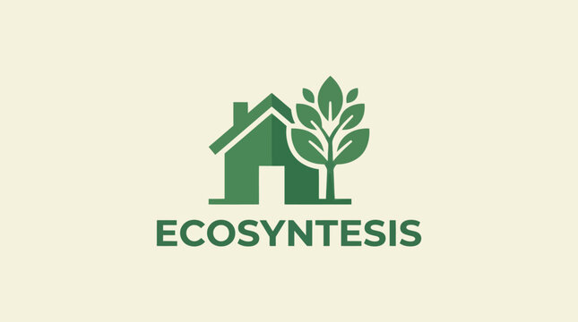 Green house and lush tree graphic logo design symbolizing eco-friendly living, sustainable homes, and environmental harmony for a modern brand
