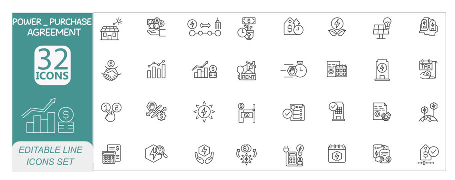 Power Purchase Agreement icons set. Includes icons for energy contract, renewable energy, billing, power grid, and business agreement. Editable stroke. Line icons. Perfect for apps and infographics