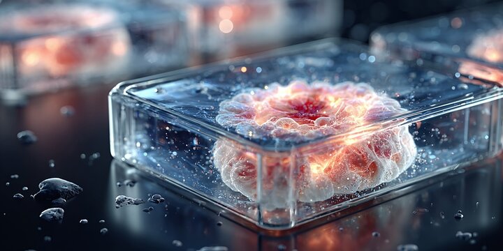Scientists examine a glowing cell sample in a laboratory petri dish on a dark surface.