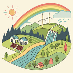 Obraz premium Illustration of a sustainable eco-friendly village with renewable energy sources and natural elements sustainable renewable turbines waterfall environment illustration sustainability friendly