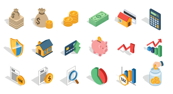 Finance and Business Icons Set: Money, Investment, Savings, Tax, Growth