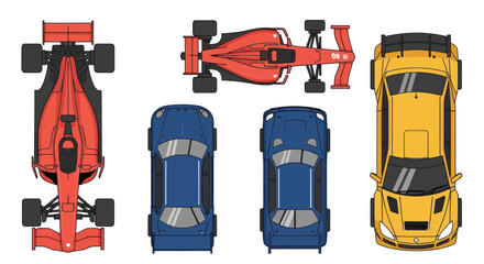 Obraz premium Top View: Formula 1 Race Car, Sports Cars, and Sedans