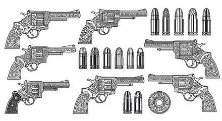 Vintage Revolver Guns and Bullets Illustration - Old West Style