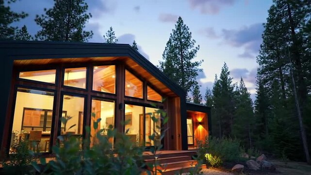 Modern glass cabin illuminated at dusk in a pine forest under a colorful sunset sky