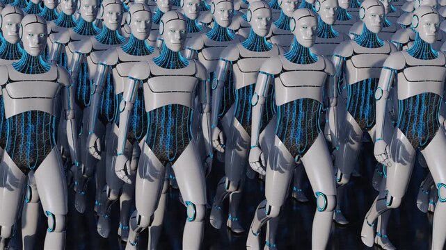 Seamless loop of an army of identical futuristic androids. Abstract visualization of artificial intelligence, cloning and technology evolution. Cinematic sci-fi atmosphere for tech projects.
