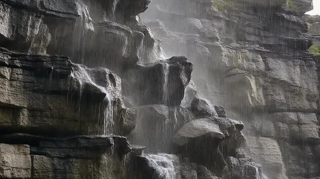 Water Cascading Down Wet Stratified Limestone Cliff Face in Rain
