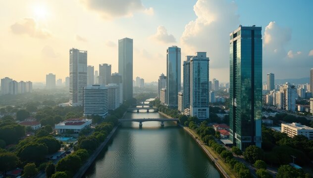 Jakarta's Monas against modern buildings, bright sunlight, tower, sunny