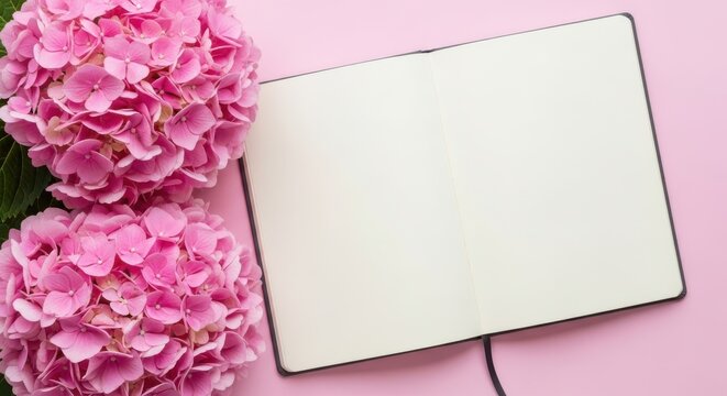 Open blank notebook on a pink background with large pink hydrangea flowers