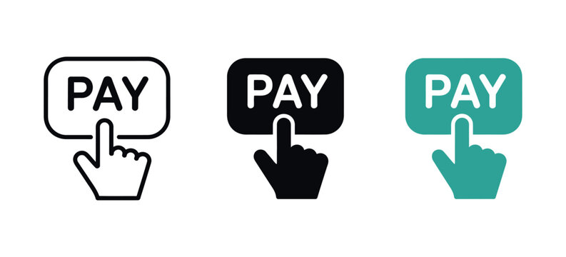 Pay button vector icons featuring modern payment symbols for checkout, online transaction, digital wallet, and e-commerce interface design.