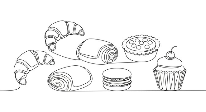 Continuous Line Art of Bakery Items: Croissants, Cakes and Pastries