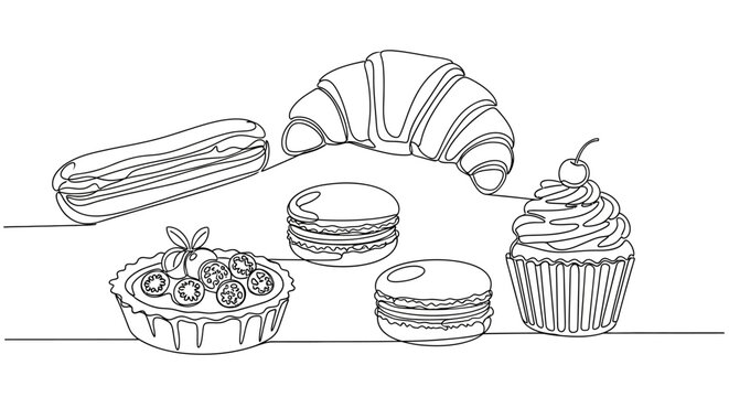 Minimalist Line Art Desserts: Eclair, Croissant, Tart, Macarons, Cupcake