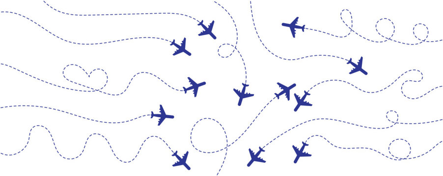 Airplane line path icon of air plane flight route dash line trace with start point. Airplane dashed route path. Vector illustration.