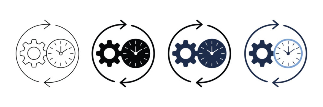 Set of four minimalist productivity and time management icons featuring gear and clock symbols arranged in circular refresh arrows for efficient workflow