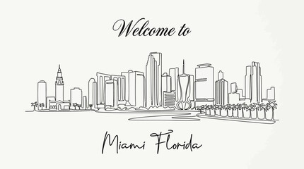 Fototapeta premium Miami Florida Skyline Line Art, Welcome Greetings