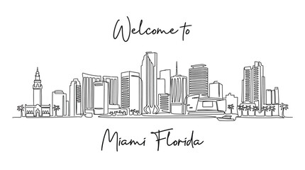 Fototapeta premium Miami Florida Skyline Line Art, Welcome to City Illustration