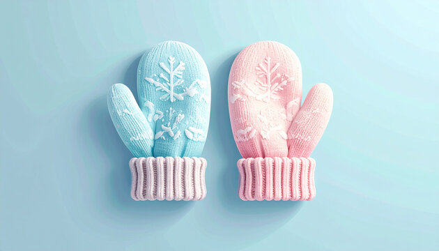 Pastel colored mittens with snowflake pattern isolated