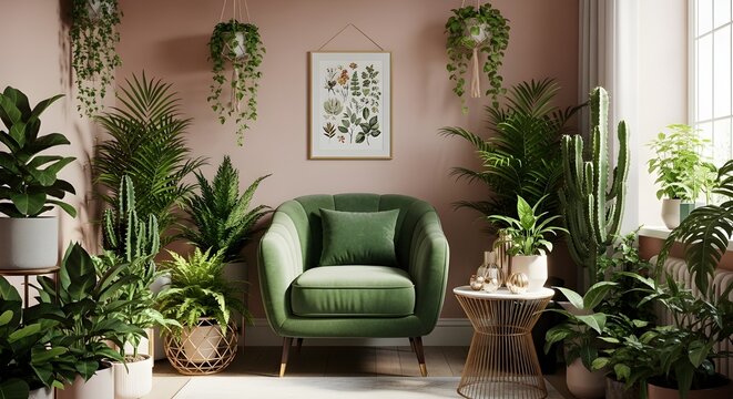 Lush indoor garden living room with green velvet chair and botanical wall art