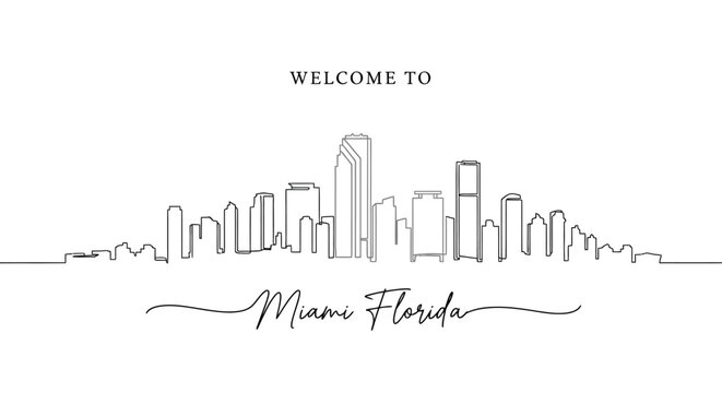 Miami Skyline Illustration - Welcome to Florida Cityscape Line Art