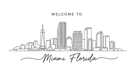 Fototapeta premium Miami Skyline Welcome Illustration - City Landmark Line Art Drawing