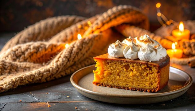 A slice of sweet potato cake with toasted marshmallow frosting on a plate with a cozy knitted background