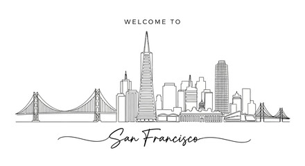 Fototapeta premium San Francisco Skyline Illustration: Black and White Architectural Line Art