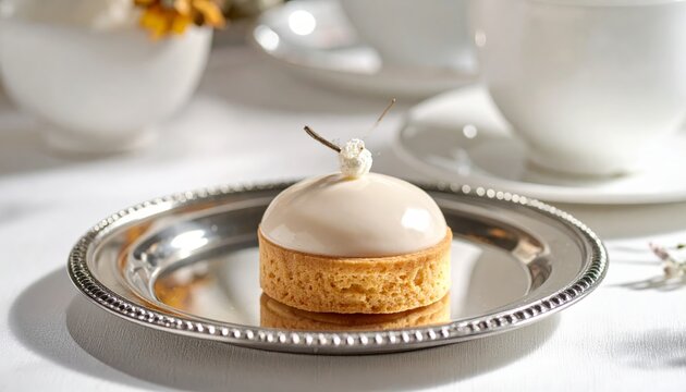 A single perfect petit four with glossy white icing and a tiny delicate decoration on a silver plate, ready to be enjoyed.