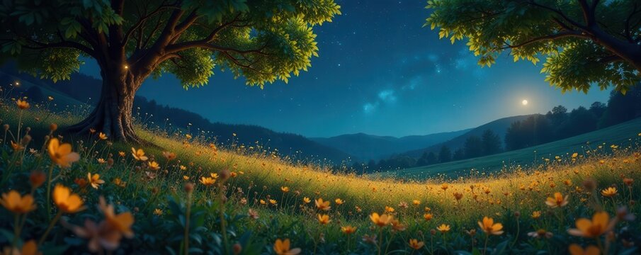Golden vines intertwine, star constellations bloom across a celestial meadow , sparkling, night sky