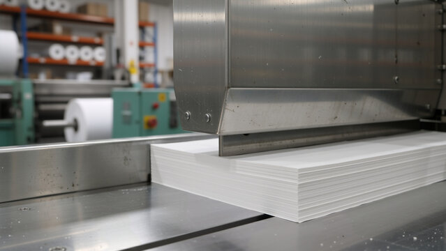 Industrial paper cutting machine slicing a thick stack of white paper. Heavy metal guillotine blade in a printing factory
