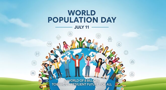 World Population Day poster with diverse people around globe