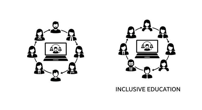 Inclusive education icon representing diverse students connected to a central digital laptop learning platform.