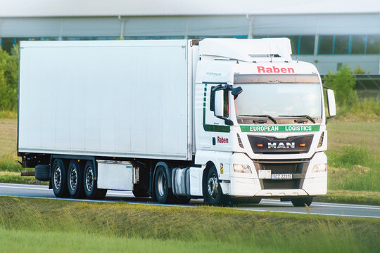 Freight raben transport trailer passing industrial district road 29.08.2025 Poland, Europe