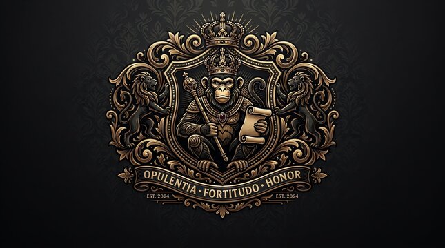 Ornate emblem featuring gorilla holding sword and shield with latin inscriptions on dark background