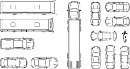 Top view of various vehicles including buses, cars, a truck, and a motorcycle © SampaRani
