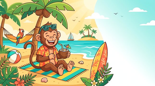 Monkey relaxing on tropical beach with surfboard and coconut drink under palm tree