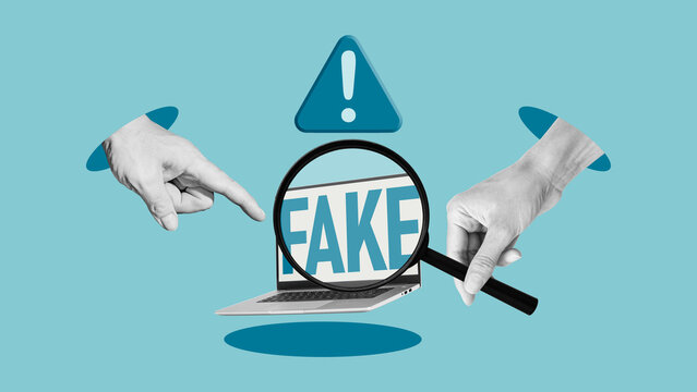 Fake news detection concept with magnifying glass over laptop screen, misinformation warning, fact checking, online scam awareness, media manipulation, digital fraud and disinformation research