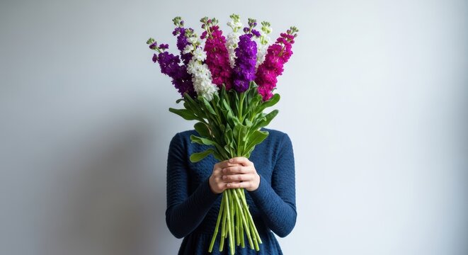 Woman holding a bouquet of colorful stock flowers in front of her face