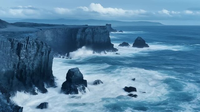 Dramatic Blue Ocean Waves and Sea Cliffs 4K Generative AI