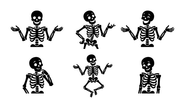 Six Black Skeleton Vector Icons, Halloween Character Poses, Medical Anatomy Illustrations, Spooky Graphic Elements for Design