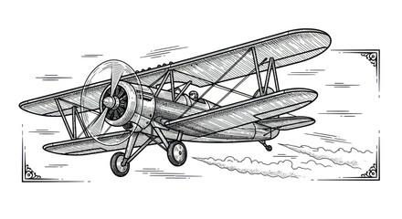 Vintage Biplane Aircraft Sketch Drawing, Retro Aviation, Travel Adventure © supri