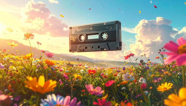 Cassette Tape Floating in Colorful Flower Field at Sunset