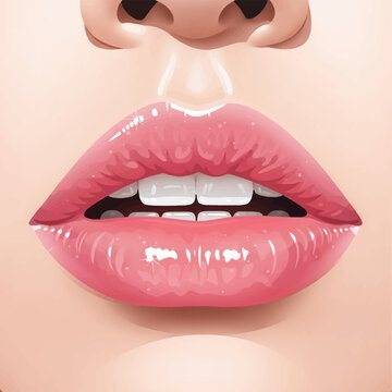 Vector illustration of a close-up view of female lips with shiny pink gloss, slightly open mouth showing white teeth, including the lower part of the nose and philtrum area.